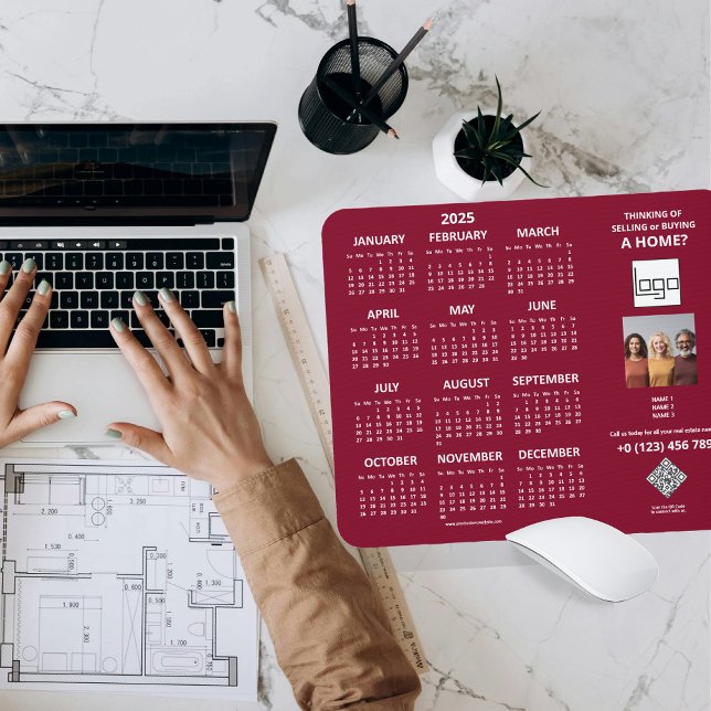 Tapis De Souris Calendrier 2025 Logo de la société QR Code Bourgog (2025 Calendar Company Logo QR Code Burgundy  Red Custom Photo Mouse Pad Any Profession Real Estate)