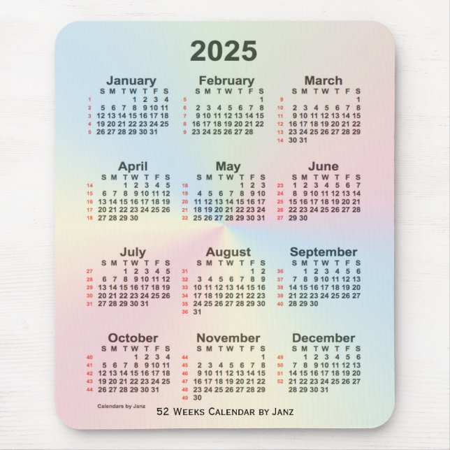 Tapis De Souris Calendrier 2025 Rainbow Cloud 52 semaines par Janz (Devant)