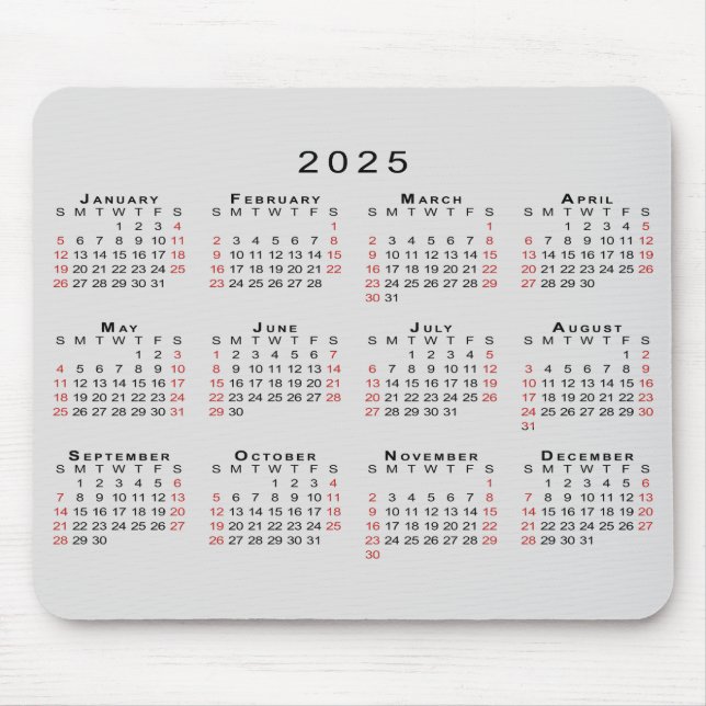 Tapis De Souris Calendrier 2025 Simple gris noir rouge (Devant)