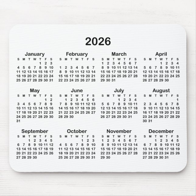 Tapis De Souris Calendrier 2026 Blanc et Noir (Devant)