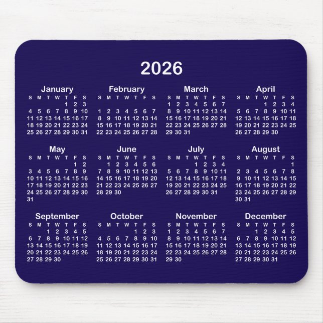 Tapis De Souris Calendrier 2026 Bleu foncé et Blanc (Devant)