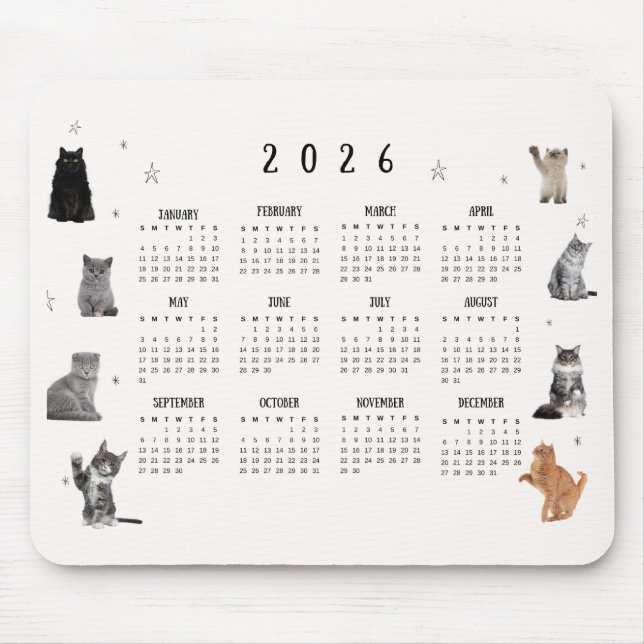Tapis De Souris Calendrier 2026 Chat Mignon Drôle (Devant)