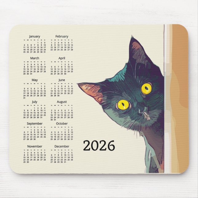 Tapis de souris Calendrier 2026 Chat qui regarde (Devant)