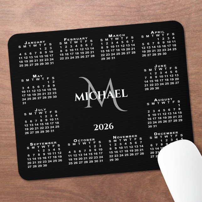Tapis De Souris Calendrier 2026 Chic Monogramme Nom sur fond noir (2026 Calendar Chic Monogram Name on Black Mouse Pad with mouse)