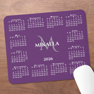 Tapis De Souris Calendrier 2026 Chic Monogramme Nom sur Violet