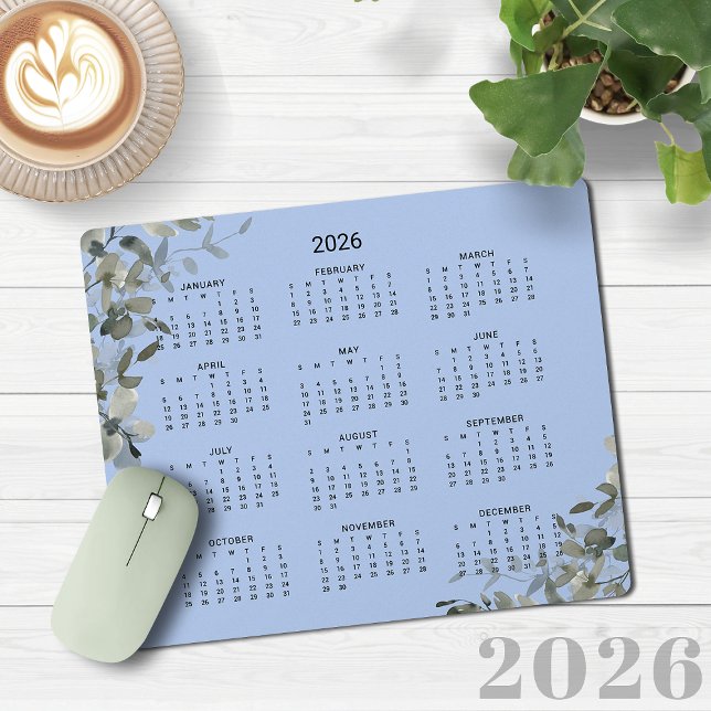 Tapis De Souris Calendrier 2026 Elégant bureau bleu français Eucal (2026 Elegant French Blue Eucalyptus Desk Calendar Mouse Pad)