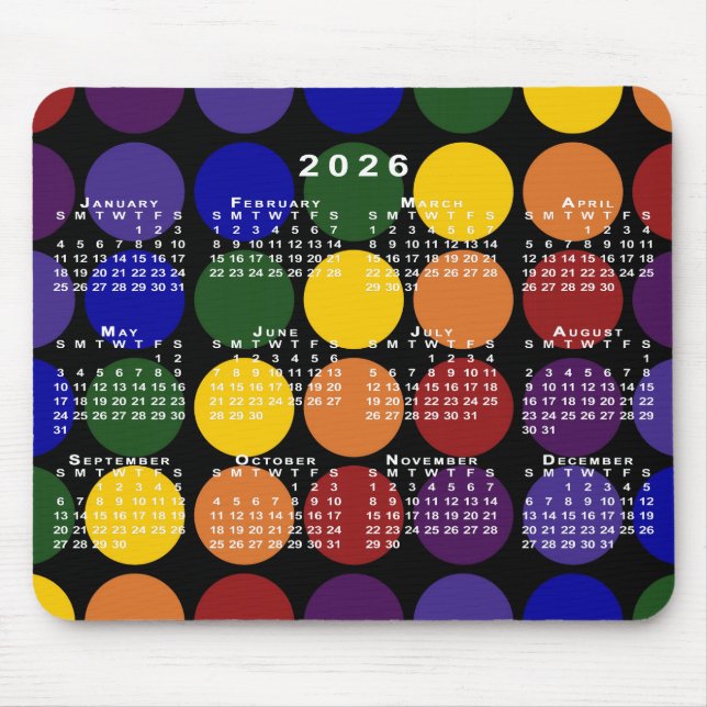 Tapis De Souris Calendrier 2026 Fierté Arc-en-ciel Points sur Fond (Devant)