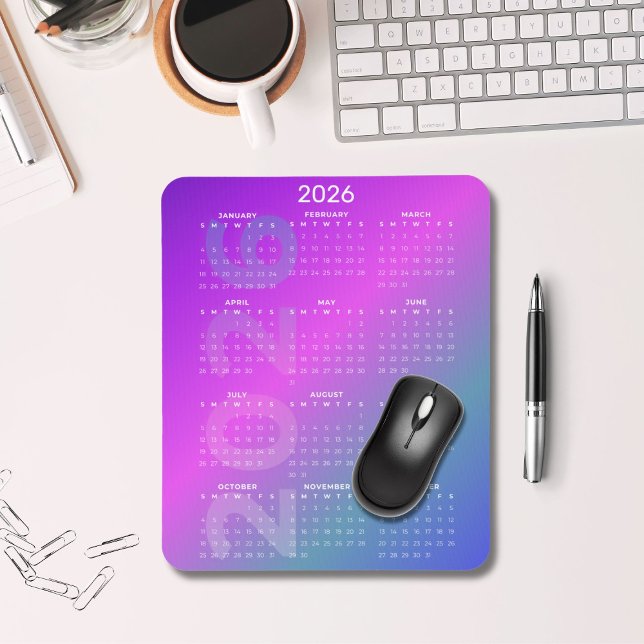 Tapis De Souris Calendrier 2026 fond dégradé vertical  (2026 Full Year Calendar Mousepad Pink Blue Gradient)