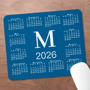 Tapis De Souris Calendrier 2026 Monogramme Bleu et Blanc