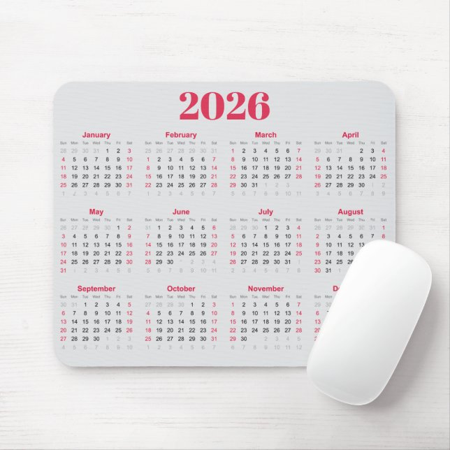 Tapis De Souris Calendrier 2026 rouge et gris clair simple (Avec souris)
