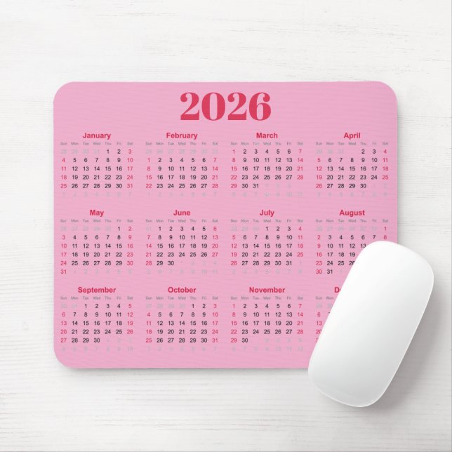 Tapis De Souris Calendrier 2026 rouge et rose simple (Avec souris)