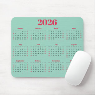 Tapis De Souris Calendrier 2026 rouge et sarcelle clair simple