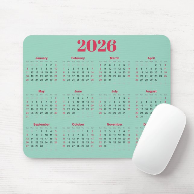 Tapis De Souris Calendrier 2026 rouge et sarcelle clair simple (Avec souris)