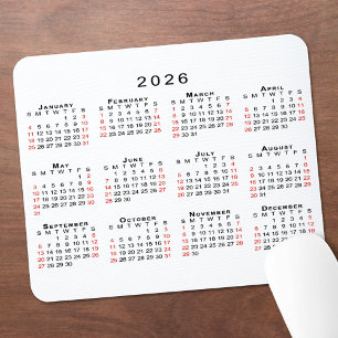 Tapis De Souris Calendrier 2026 Simple Blanc Noir Rouge