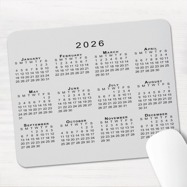 Tapis De Souris Calendrier 2026 Simple Gris et Noir (2026 Calendar Simple Gray and Black Mouse Pad, in situ)