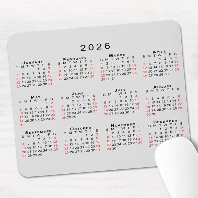 Tapis De Souris Calendrier 2026 Simple Gris Noir Rouge (2026 Calendar Simple Gray Black Red Mouse Pad, in situ)