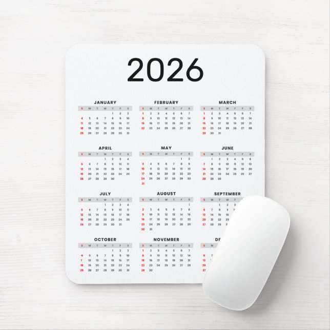 Tapis De Souris Calendrier 2026 simple noir et blanc  (Avec souris)