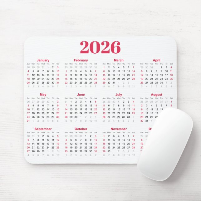 Tapis De Souris Calendrier 2026 simple rouge et blanc (Avec souris)