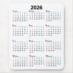 Tapis De Souris Calendrier 2026 sur fond blanc