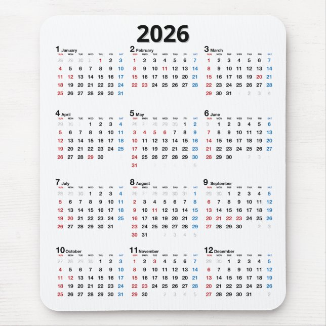 Tapis De Souris Calendrier 2026 sur fond blanc (Devant)