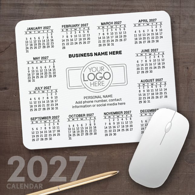 Tapis De Souris Calendrier 2027 avec coordonnées du logo (2027 Calendar Mousepad)