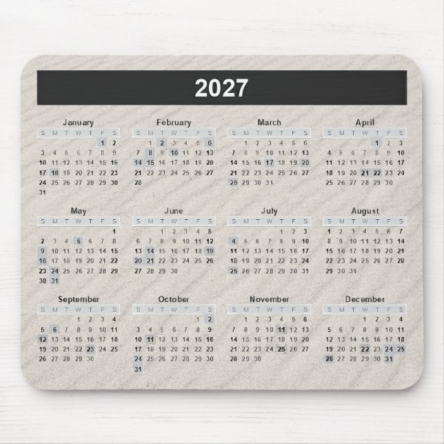 Tapis De Souris Calendrier 2027 avec fond de sable de plage (Devant)