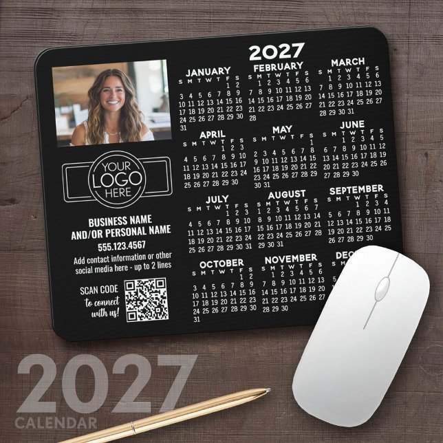 Tapis De Souris Calendrier 2027 avec logo, Code QR, Photo NOIR (2027 Calendar Mousepad)