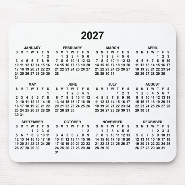Tapis De Souris Calendrier 2027 blanc et noir (Devant)