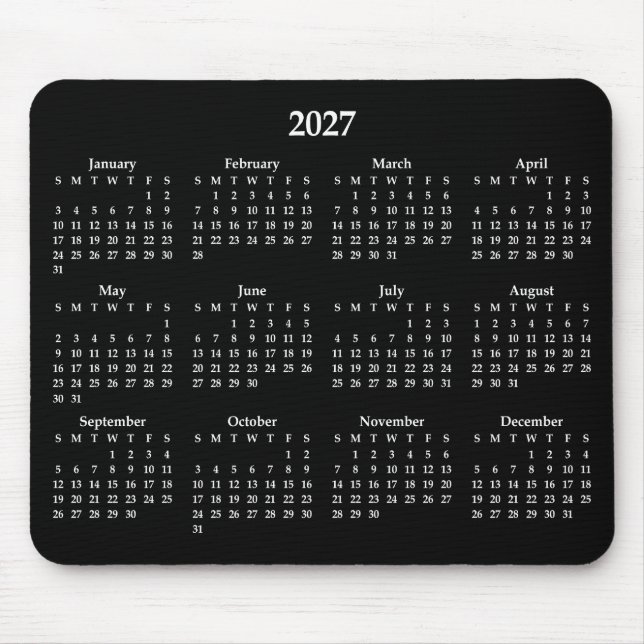 Tapis De Souris Calendrier 2027 blanc sur fond noir (Devant)