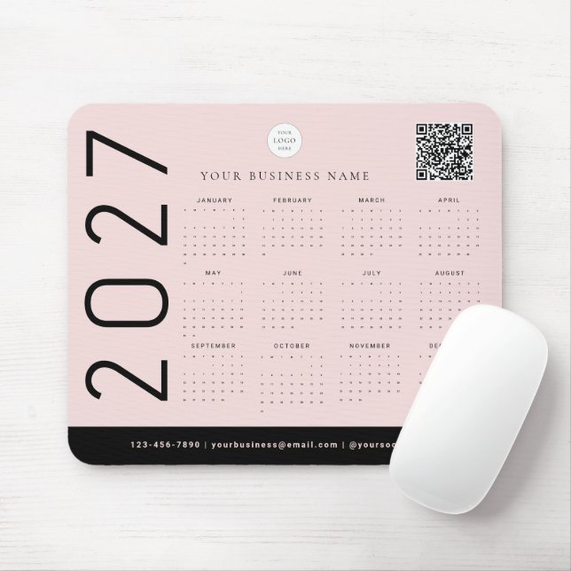 Tapis De Souris Calendrier 2027 Code QR Logo Entreprise Rose Fardé (Avec souris)