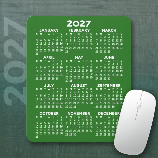Tapis De Souris Calendrier 2027 - fond vert - Vertical (2027 Calendar Mousepad)