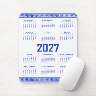 Tapis De Souris Calendrier 2027, Frette Grecque, Bleu Grec sur Fon
