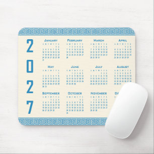 Tapis De Souris Calendrier 2027, Frise grecque, Bleu sur Latte cos