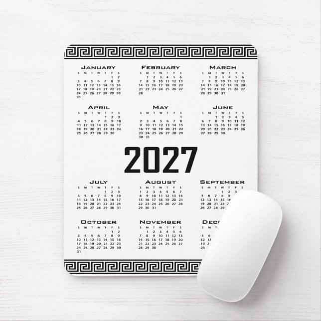 Tapis De Souris Calendrier 2027, Frise Grecque, Noir sur Blanc (Avec souris)