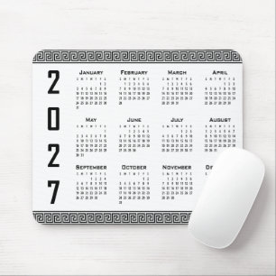 Tapis De Souris Calendrier 2027, Frise Grecque, Noir sur Blanc