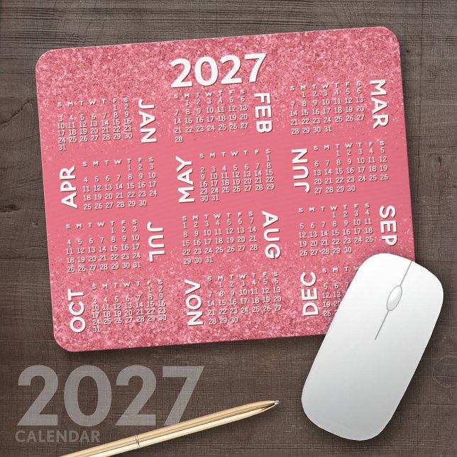 Tapis De Souris Calendrier 2027 - impression de paillettes roses (2027 Calendar Mousepad)