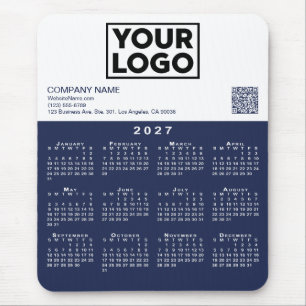 Tapis De Souris Calendrier 2027 Logo Entreprise Code QR Bleu Marin
