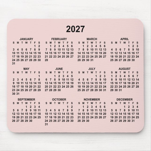 Tapis De Souris Calendrier 2027 Rose Pâle et Noir (Devant)