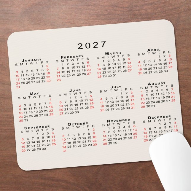 Tapis De Souris Calendrier 2027 Simple Beige Noir Rouge (2027 Calendar Simple Beige Black Red Mouse Pad in situ)