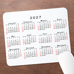 Tapis De Souris Calendrier 2027 Simple Blanc Noir Rouge