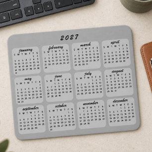 Tapis De Souris Calendrier 2027 Simple Minimaliste Noir sur Gris
