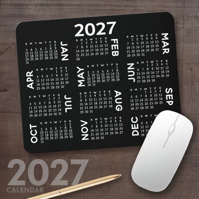 Tapis De Souris Calendrier 2027 - simple noir et blanc moderne (2027 Calendar Mousepad)