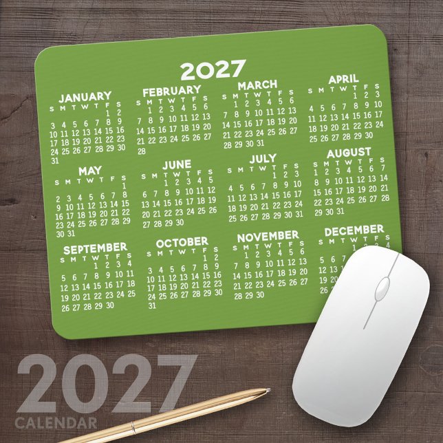 Tapis De Souris Calendrier 2027 - simple vert et blanc moderne (2027 Calendar Mousepad)