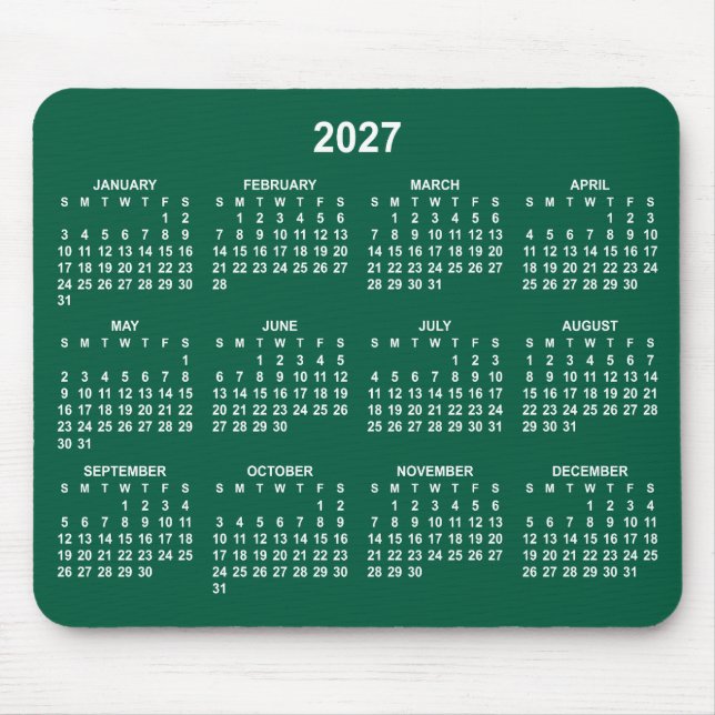 Tapis De Souris Calendrier 2027 Vert Chasseur et Blanc (Devant)