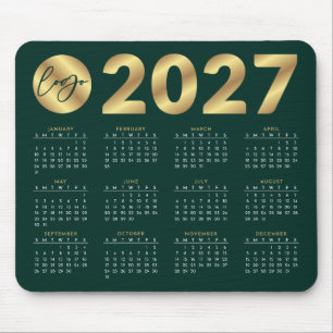 Tapis De Souris Calendrier 2027 Vert Émeraude et Or Logo Entrepris