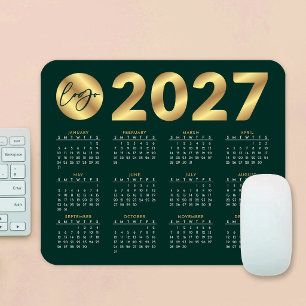 Tapis De Souris Calendrier 2027 Vert Émeraude et Or Logo Entrepris