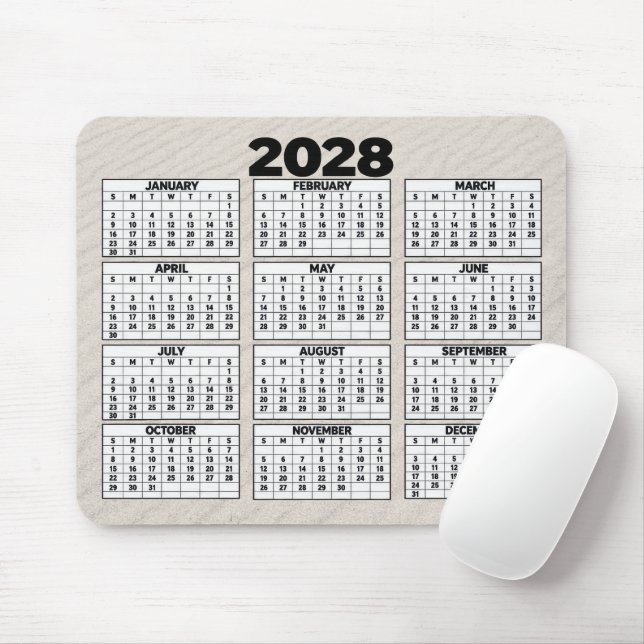 Tapis De Souris Calendrier 2028 avec fond de sable de plage (Avec souris)