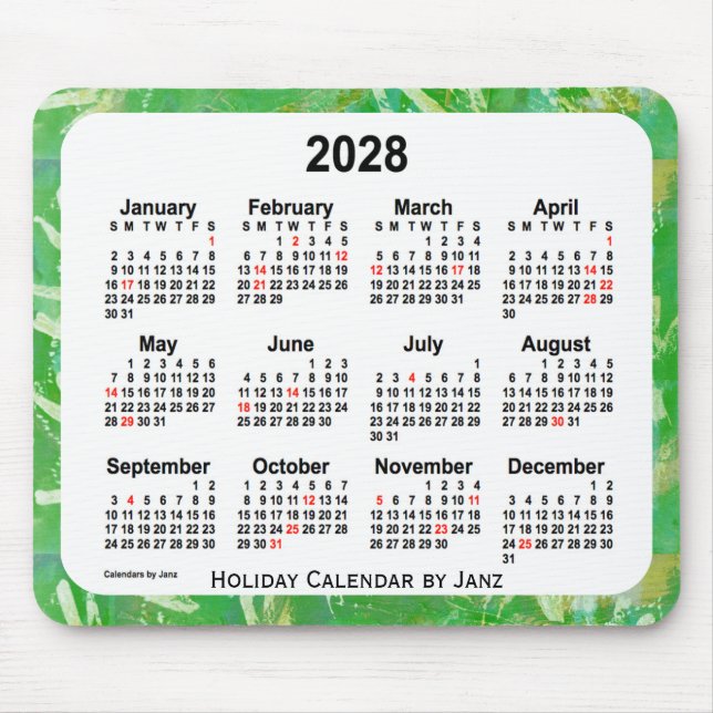 Tapis De Souris Calendrier 2028 des fêtes vertes par Janz Mouse Pa (Devant)