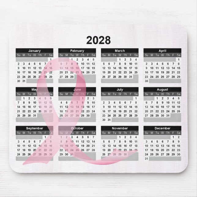 Tapis De Souris Calendrier 2028 Ruban Rose (Devant)