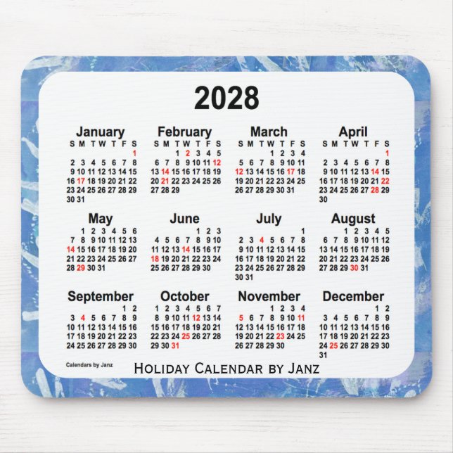 Tapis De Souris Calendrier 2028 Sky Blue Holiday Art par Janz (Devant)
